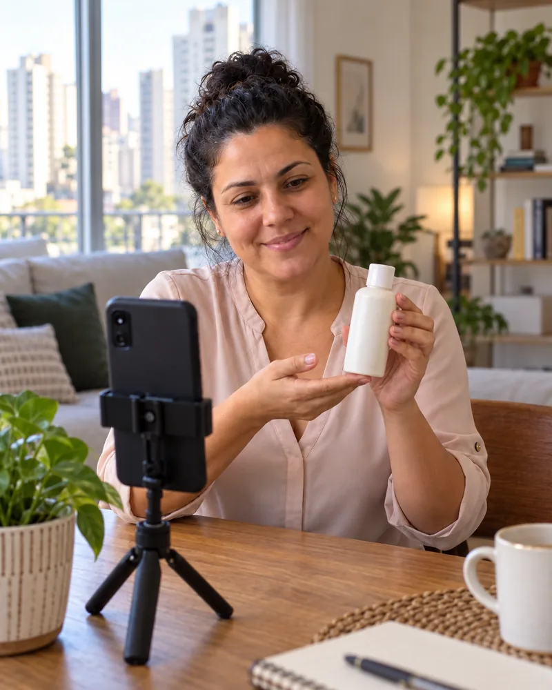 A mesma mulher gravando um produto com o celular no tripé, agora numa sala clara com vista para prédios
