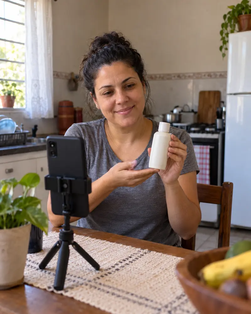 A mesma mulher gravando um produto com o celular no tripé, na mesma cozinha